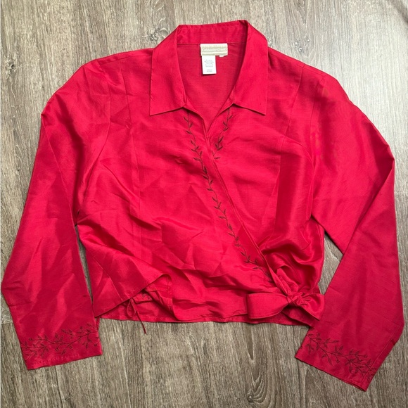 Coldwater Creek 100% Silk Blouse Red Embroidered Wrap Top Long Sleeve Women’s M - Picture 1 of 9
